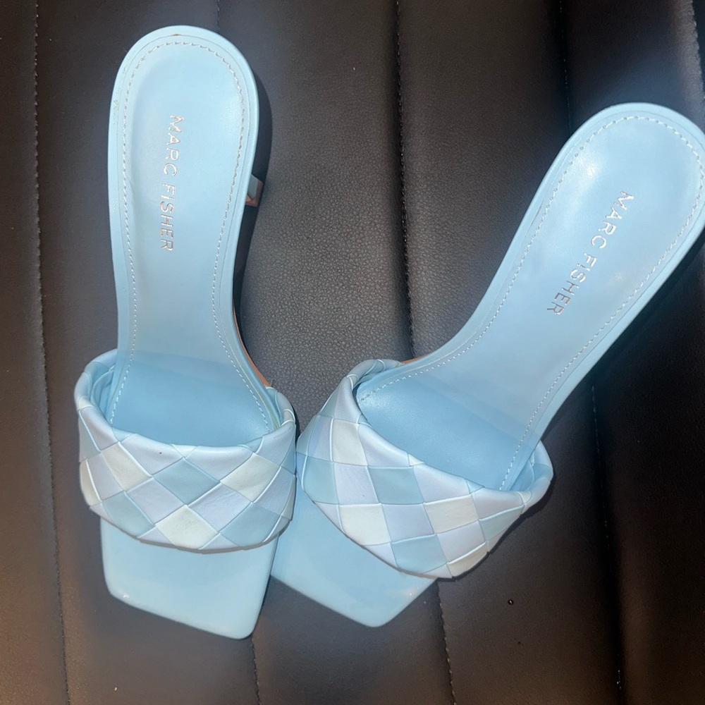 Marc Fisher light blue woven mule heeled sandals